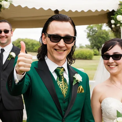 Prompt: Loki wedding a sunglass and giving thumbs up 