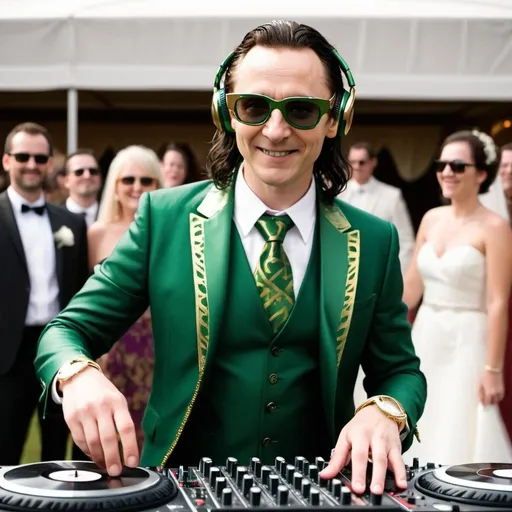 Prompt: Cool loki wedding sunglasses  playing dj