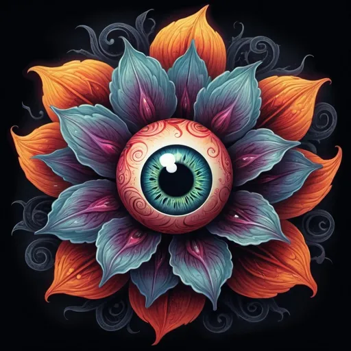 Prompt: (spooky colorful illustration of a flower with an eyeeball at the center), vibrant colors, eerie atmosphere, surreal design, intricate petals, glowing details, high contrast, whimsical yet creepy motifs, dark background, fantasy elements, emotional undertones, highly detailed, 2D illustration, artistic masterpiece, enchanting yet unsettling vibe.