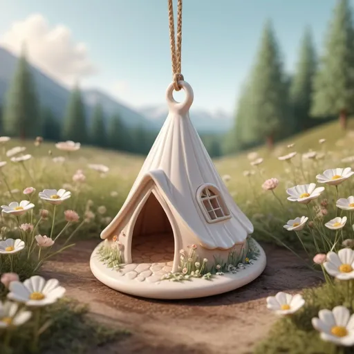 Prompt: (3D rendering), ceramic charm shaped like a tent, (cottagecore aesthetic), soft pastel colors, whimsical and feminine details, delicate floral patterns, serene background of a sun-soaked meadow, warm and inviting atmosphere, high depth, ultra-detailed, enchanting depth of field, nature-inspired elements to enhance the charm's rustic feel.