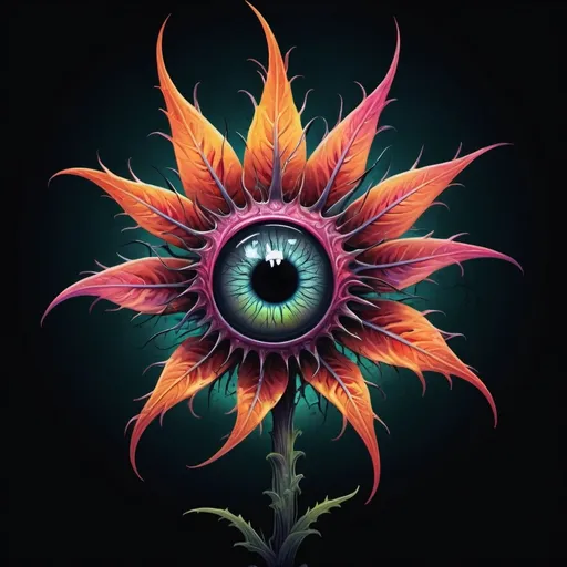 Prompt: (spooky colorful illustration of a flower with an eyeball at the center with a long stem with thorns), vibrant colors, eerie atmosphere, surreal design, intricate petals, glowing details, high contrast, whimsical yet creepy motifs, dark background, fantasy elements, emotional undertones, highly detailed, 2D illustration, artistic masterpiece, enchanting yet unsettling vibe.
