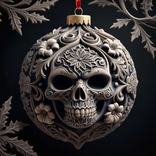 Prompt: (spooky Christmas ornament carved out of clay), (dark academia style), (gothic floral designs), intricate details, creating a menacing atmosphere, muted and dark color tones, soft shadows, rich textures, high-quality 4K resolution, eerie and mysterious ambiance, perfect for a haunting holiday aesthetic, beautifully crafted with a vintage charm.