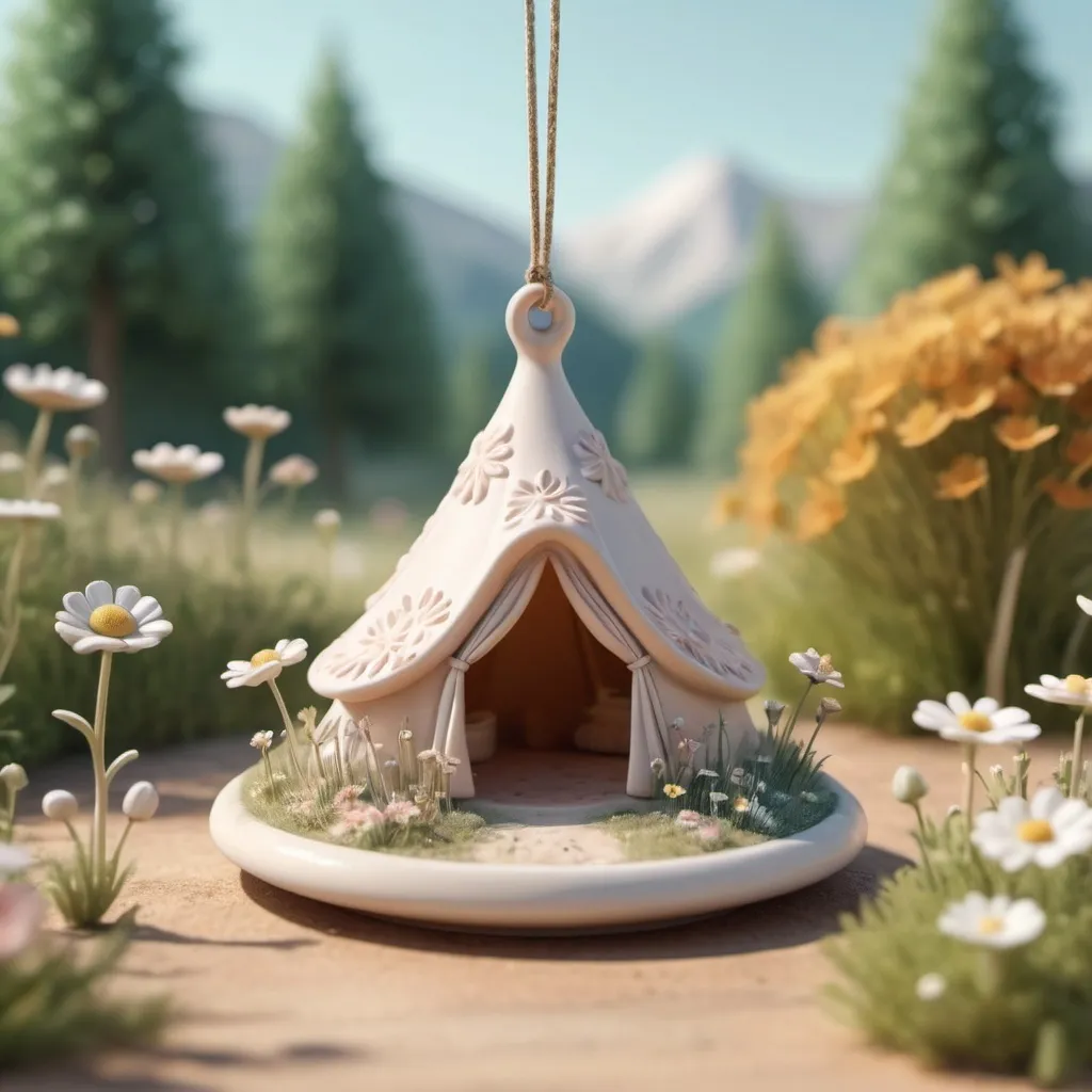 Prompt: (3D rendering), ceramic charm shaped like a tent, (cottagecore aesthetic), soft pastel colors, whimsical and feminine details, delicate floral patterns, serene background of a sun-soaked meadow, warm and inviting atmosphere, high depth, ultra-detailed, enchanting depth of field, nature-inspired elements to enhance the charm's rustic feel.