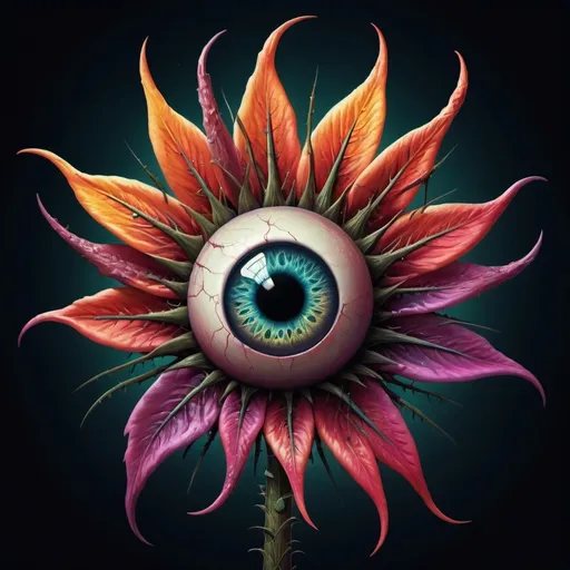 Prompt: (spooky colorful illustration of a flower with an eyeball at the center with a long stem with thorns), vibrant colors, eerie atmosphere, surreal design, intricate petals, glowing details, high contrast, whimsical yet creepy motifs, dark background, fantasy elements, emotional undertones, highly detailed, 2D illustration, artistic masterpiece, enchanting yet unsettling vibe.