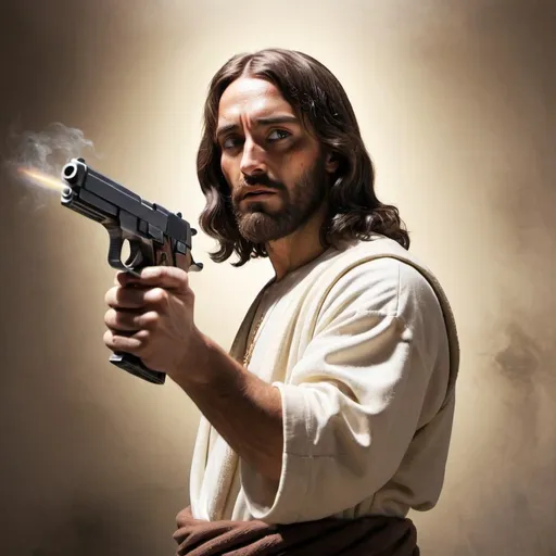 Prompt: Jesus Christ in a gangster pose with a pistol in his hand