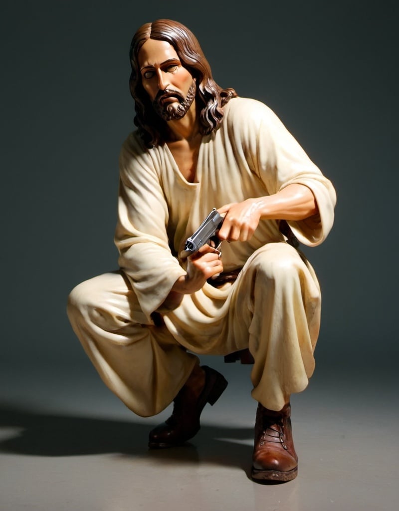 Prompt: Jesus Christ in a gangster pose, crouched down, with a pistol in his hand pointing at the screen.