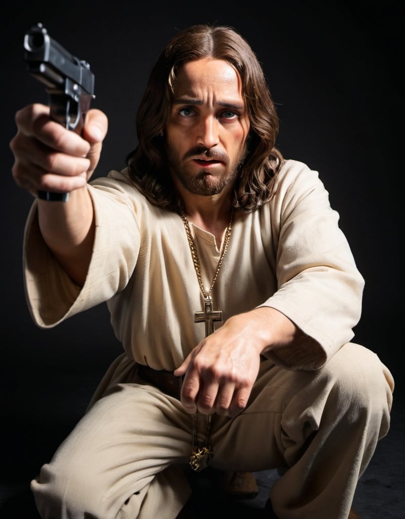 Prompt: Jesus Christ in a gangster pose, crouched down, with a pistol in his hand pointing at the screen.