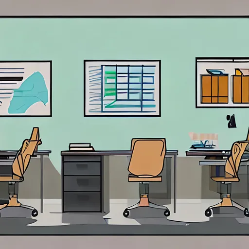 Prompt: Generate a cartoon-style image of a modern, high-tech office space, empty of characters, with the following attributes:

Style: Cartoon akin to "King of the Hill," with clear lines and simple yet vibrant color schemes.
Office Furniture: Ergonomic and sleek, with exaggerated cartoon proportions. Include desks, swivel chairs, and filing cabinets.
Technology: Large, wall-mounted flat-panel computer screens showcasing dynamic digital graphs. Include high-tech gadgets like a 3D printer and an advanced coffee machine.
Windows: Large, allowing ample natural light, with a backdrop of a stylized cartoon cityscape.
Details: Interactive whiteboards, digital clocks, ambient lighting fixtures, and minimalist decor.
Perspective: An angle that provides a wide view of the office interior, highlighting the layout and tech elements.