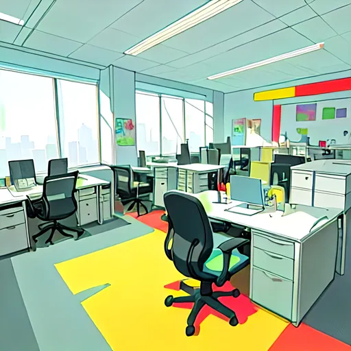 Prompt: Generate a cartoon-style image of a modern, high-tech office space, empty of characters, with the following attributes:

Style: Cartoon akin to "King of the Hill," with clear lines and simple yet vibrant color schemes.
Office Furniture: Ergonomic and sleek, with exaggerated cartoon proportions. Include desks, swivel chairs, and filing cabinets.
Technology: Large, wall-mounted flat-panel computer screens showcasing dynamic digital graphs. Include high-tech gadgets like a 3D printer and an advanced coffee machine.
Windows: Large, allowing ample natural light, with a backdrop of a stylized cartoon cityscape.
Details: Interactive whiteboards, digital clocks, ambient lighting fixtures, and minimalist decor.
Perspective: An angle that provides a wide view of the office interior, highlighting the layout and tech elements.