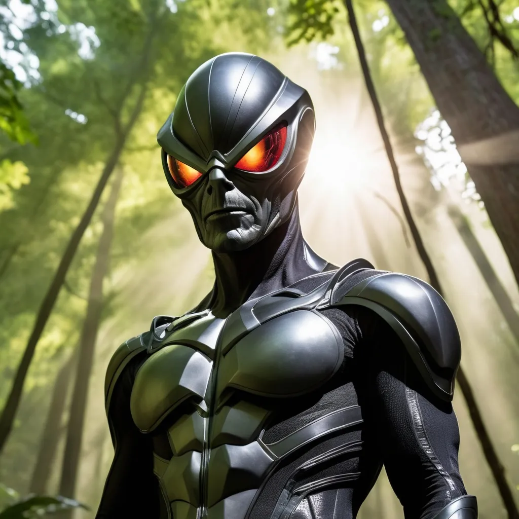 Prompt: Tall grey alien, wearing black armored bodysuits with large, elongated helmets covering the entirety of their faces, similar in appearance to the Green Goblin from the Spider-Man movie. Sunlight hits the helmet through an Amazon forest canopy.