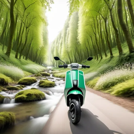 Prompt: The road runs through a green forest with a flowing stream in the middle of the road Gaura Electric Scooter Ran on it.