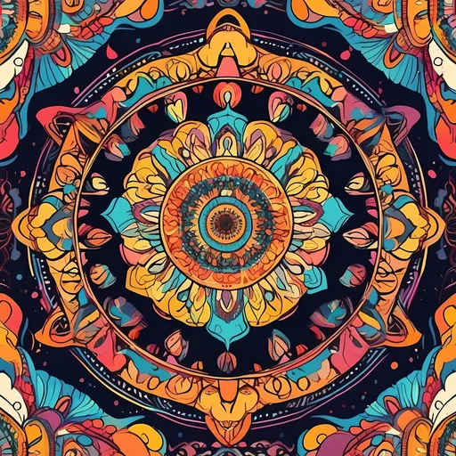 Prompt: (whimsical mandala with 6 vortices), intricate thin line art, vibrant flat colors, soothing symmetry, captivating design, artistic flair, visually engaging patterns, magical aura, seamless flow, modern illustrative style, detailed elements, enchanting visual, (high quality) illustration, 8K, ultra-detailed. Video 