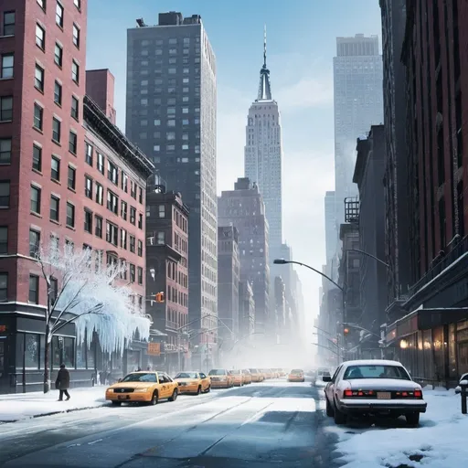 Prompt: Cover art depicting a cold frozen new york city setting. 