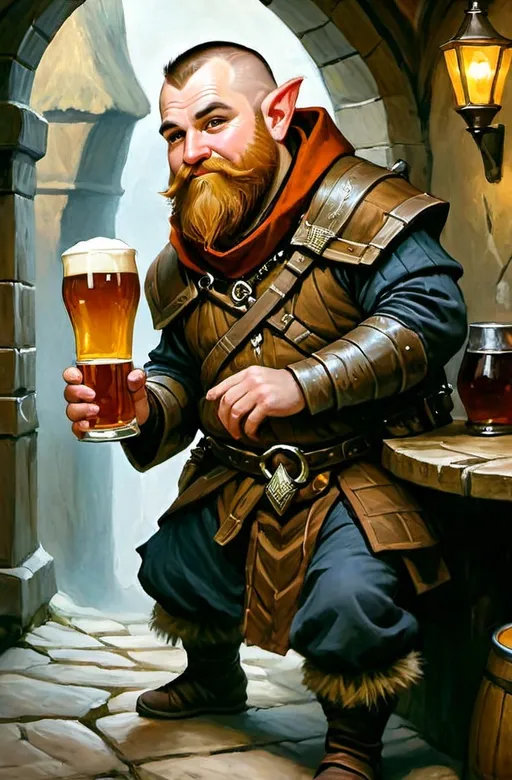 Prompt: a painting of a drunk dwarven monk with human shaped ears and a huge nose holding a pint, fantasy art, epic fantasy character art, a character portrait, oil painting DND style