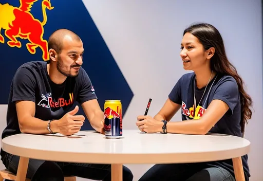 Prompt: create an image of a narration and interviews of the artists communicating personal insights into their experiences during the sessions as a red bull energy drink show name mazika salonat