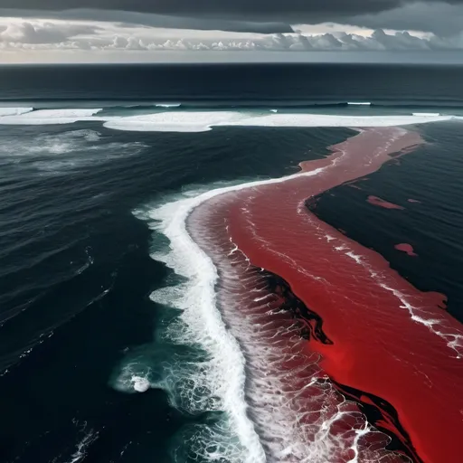 Prompt: View of the place where an ocean of dark bloody and dirty water filled with dead things meets an ocean of clean sparkling water with beautiful life, and the two waters are mixing. Dark grey clouds are on the horizon.