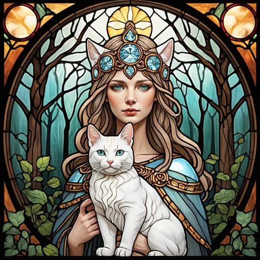Prompt: goddess freya, stained glass style, cats, scandinavian forest