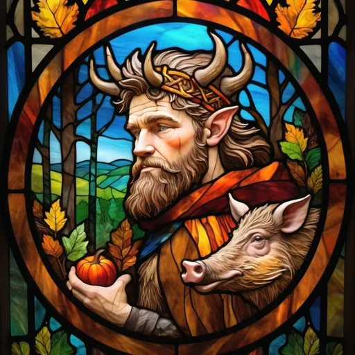 Prompt: God Freyr, bountiful harvest, with wild boar, Scandinavian forest, stained glass style