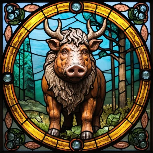 Prompt: God freyr, boutiful harvest, boar, forest, stained glass style