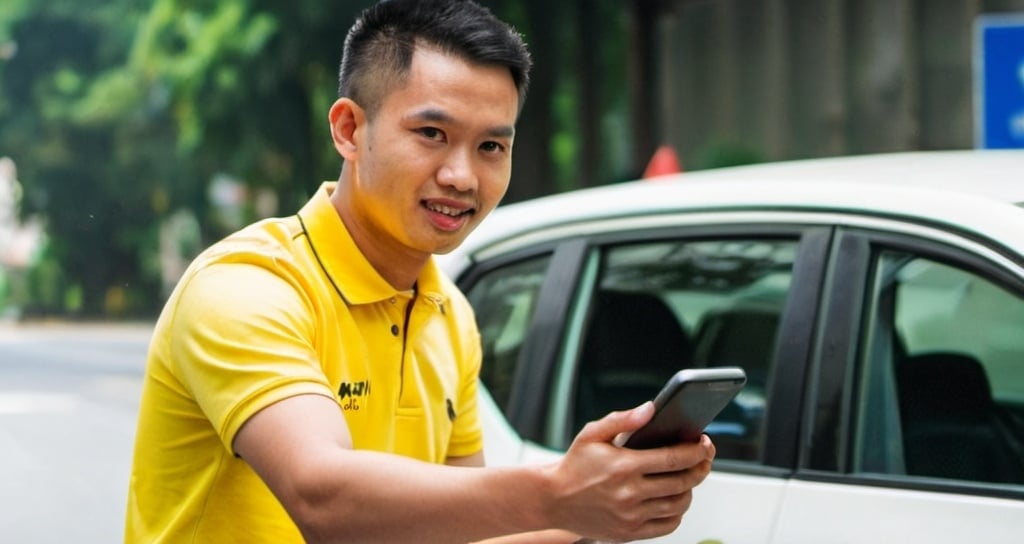 Prompt: maxim e-hailing driver, in yellow polo shirt