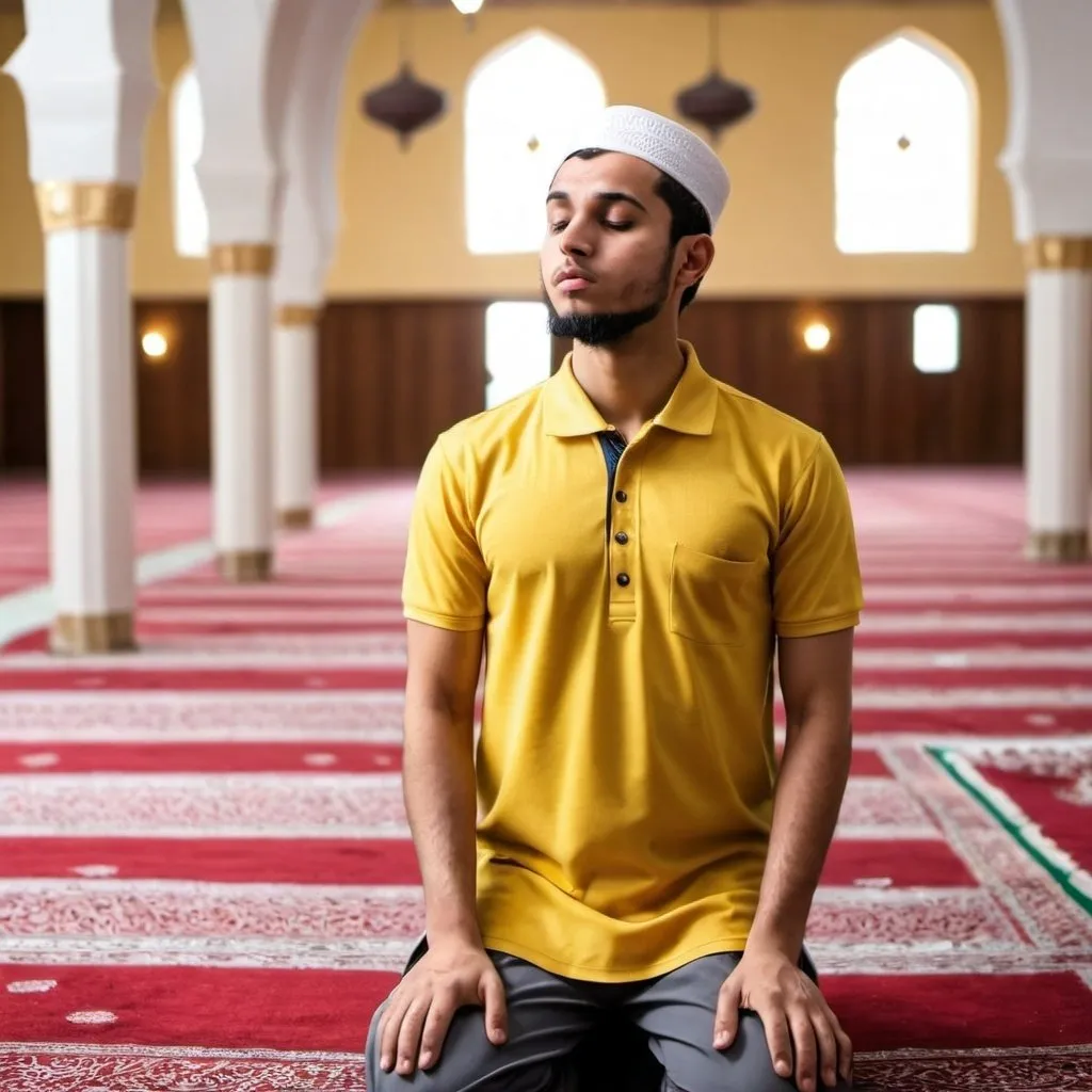 Prompt: a muslim guy in yellow polo shirt doing islamic prayer at mosque