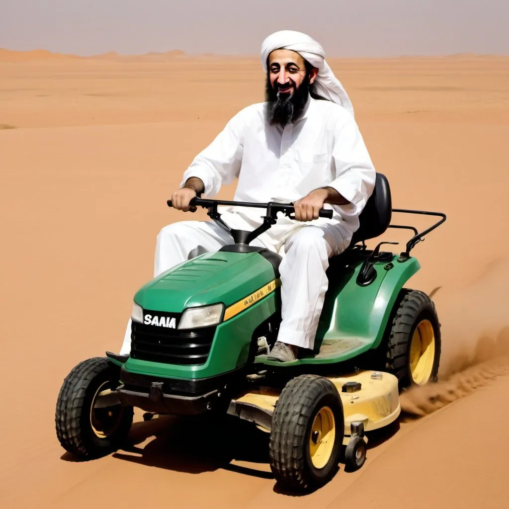 Prompt: osama bin laden riding a lawn mower in the sahara desert