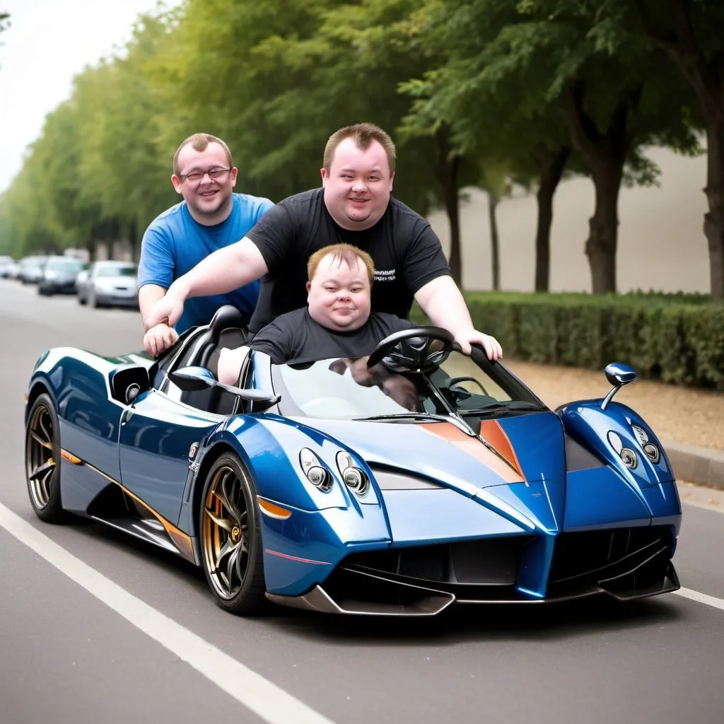 Prompt: make a downs syndrome fat man with his autistic friend riding a pagani