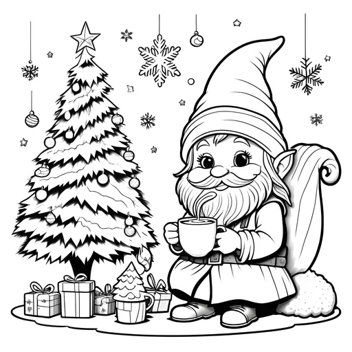 Prompt: (black and white) coloring book page, Christmas gnome decorating a Christmas tree, sipping hot cocoa, simplistic line art style, festive charm, whimsical details, cozy atmosphere, solid white background, engaging elements like ornaments and gifts, delightful expressions, inviting scene, perfect for holiday coloring activities,  high-quality illustration.