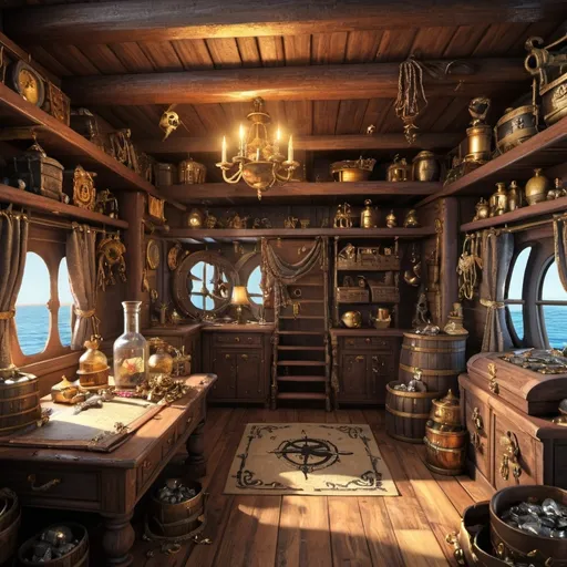 Prompt: pirate captain's cabin with a lot of treasure