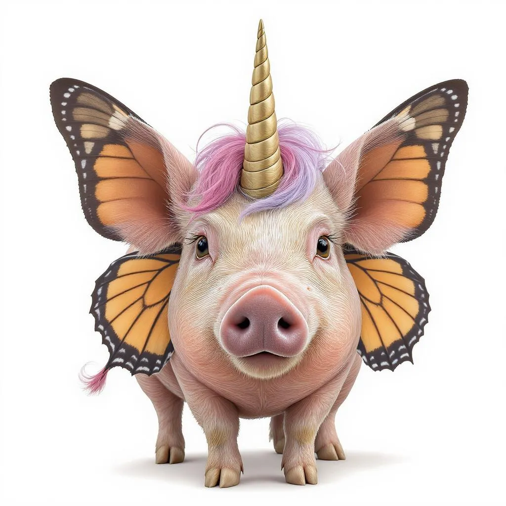 Prompt: Un maiale con la testa da unicorno che ha delle ali di farfalla 
