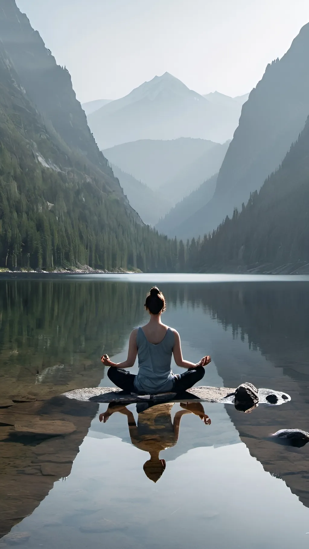 Prompt: a calm lake surrounded by mountains, or a person meditating.