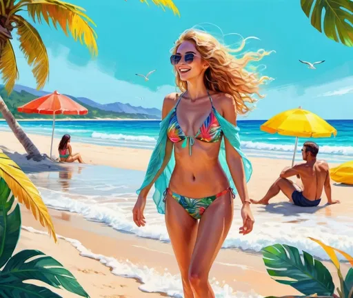 Prompt: humans figure enjoying the shore, crystal clear water, tropical paradise, vibrant colors, high quality, digital painting, summer vibes, relaxed atmosphere, beach landscape, wind in hair, joyful expression, warm sunlight, peaceful, serene, detailed waves, beachwear, professional artwork