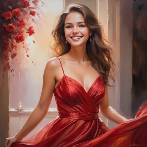 Prompt: Beautiful girl in love, oil painting, flowing red gown, radiant smile, soft and warm lighting, romantic atmosphere, high quality, detailed brushwork, love, happiness, elegant, traditional art, warm tones, dreamy ambiance