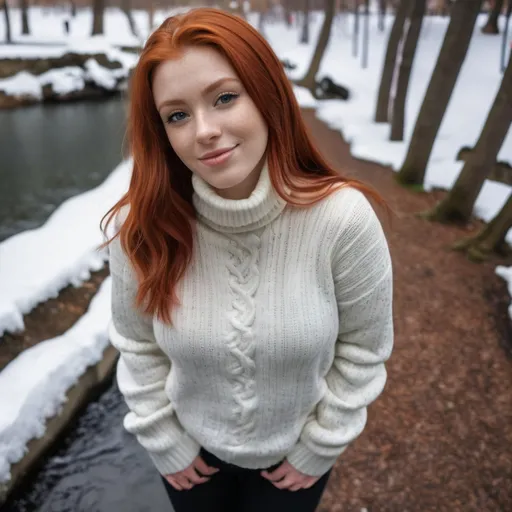 Prompt: a young beautiful woman with red hair and a turtle neck sweater posing for a picture in the snow with trees in the background, background looks like small park with river