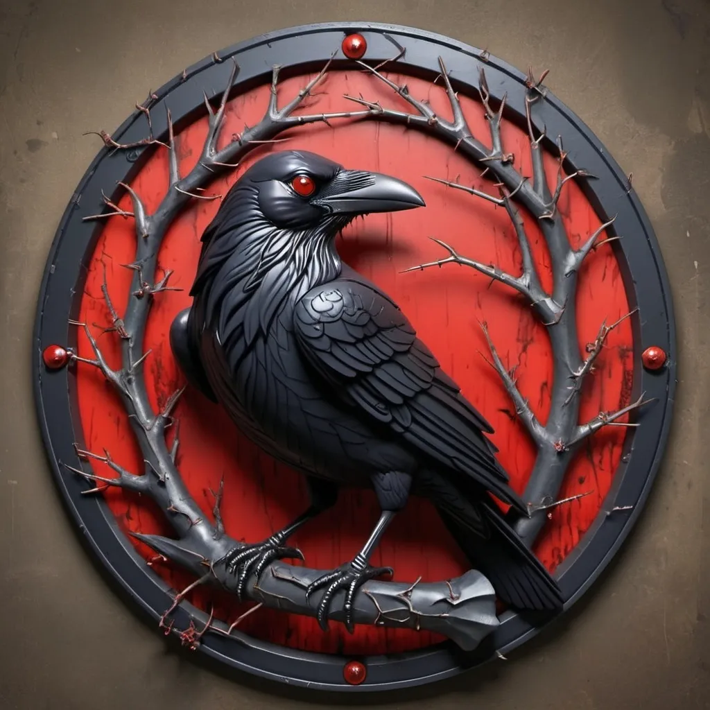 Prompt: 3d Raven with red eyes 
on a an iron sign with briar and thorns