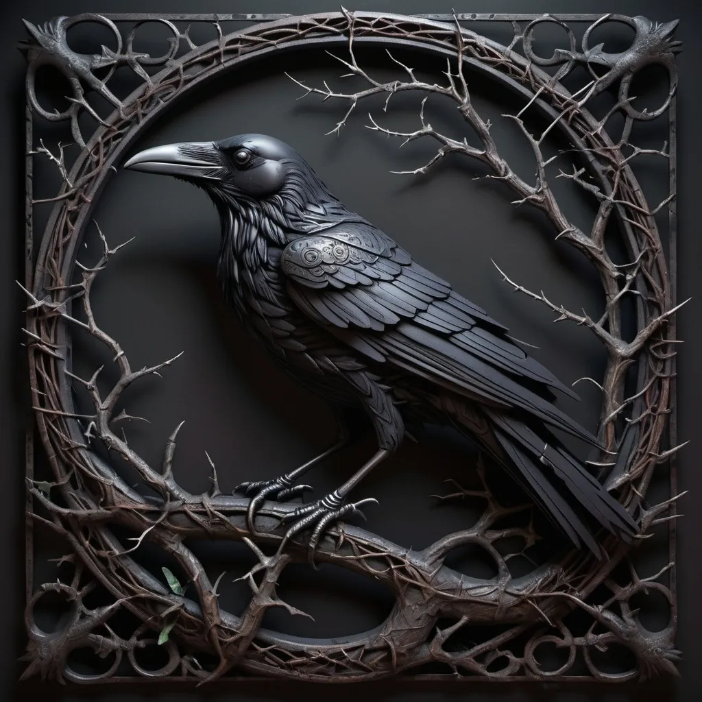 Prompt: 3d Raven on a an iron sign with briar and thorns