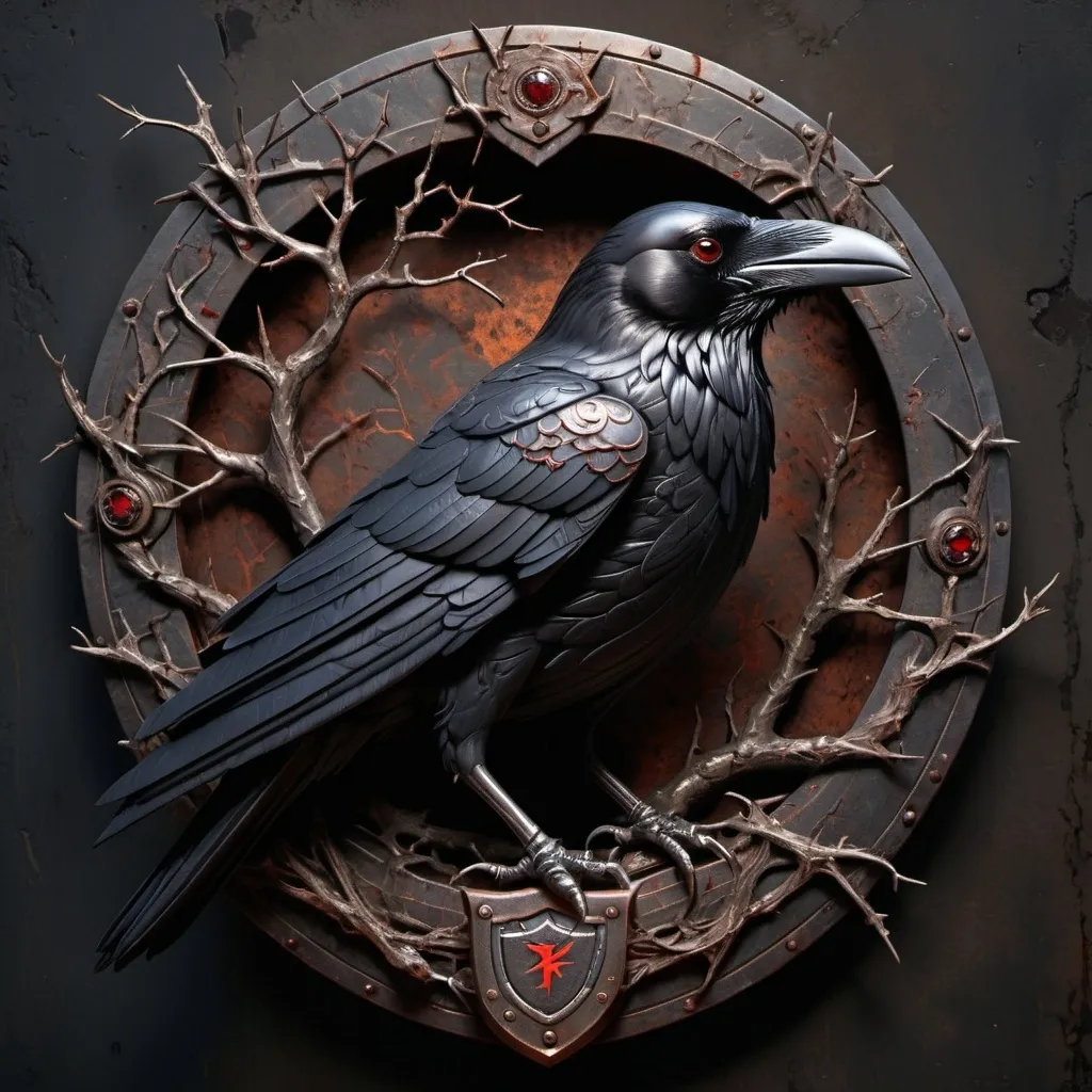 Prompt: 3d Raven with red eyes 
on a an aged iron shield 
with briar and thorns