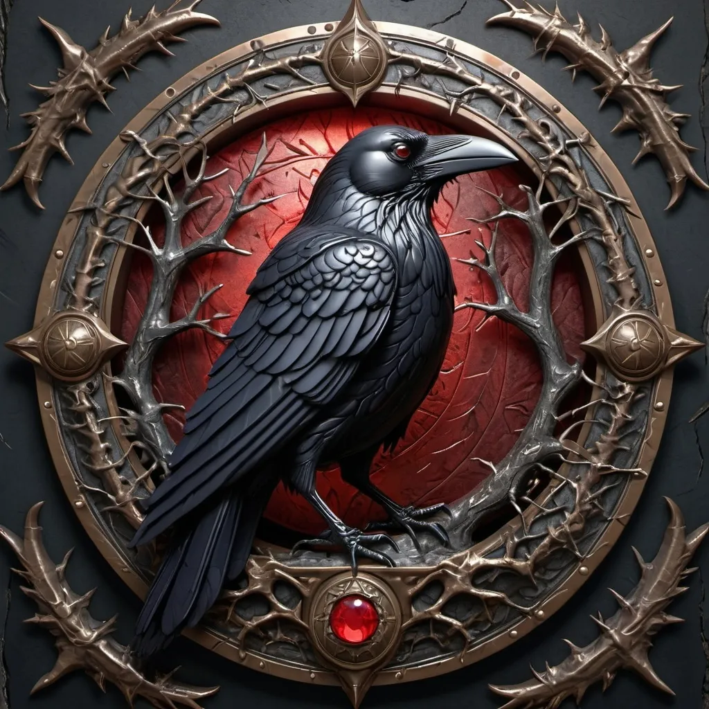 Prompt: 3d Raven with red eyes 
on a an shiny bronze shield 
with briar and thorns 
