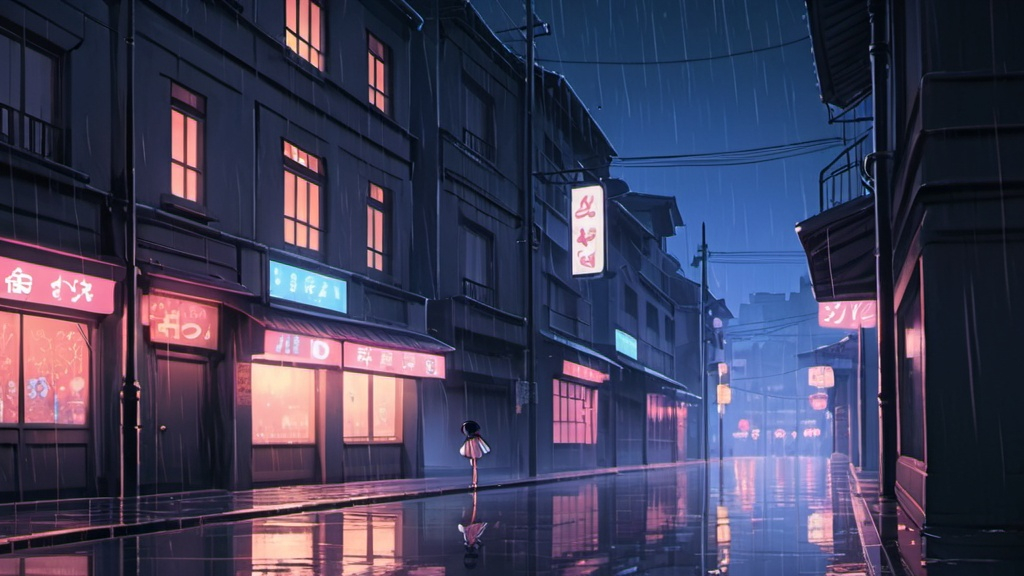 Prompt: retro aesthetic anime background, on the city streets, lonely, raining, at night, fantasy style, high quality