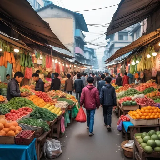 Prompt: 	"In the picture, I see a busy street market. There are many vendors selling fruits and vegetables. People are walking around, carrying bags and chatting. The market is colorful with various stalls, and there is a lively atmosphere."
