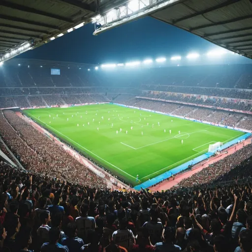 Prompt: A packed football stadium during a crucial match, fans cheering loudly.