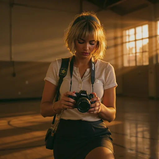 Prompt: A tawny-toned Jewish musician taking a bust shot mid-crafting. short blonde bob. with photography equipment. Wearing henley shirt with mini skirt and dress shoes. brooch. square nails.
Lighting: dawn light.
Background: gym.