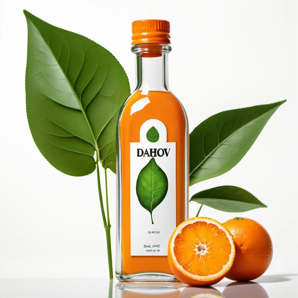 Prompt: a bottle of orange liquid with a white background and a green leaf on the top of it, with a white background and a green leaf on the bottom, Dahlov Ipcar, incoherents, detailed product photo, an oil on canvas painting