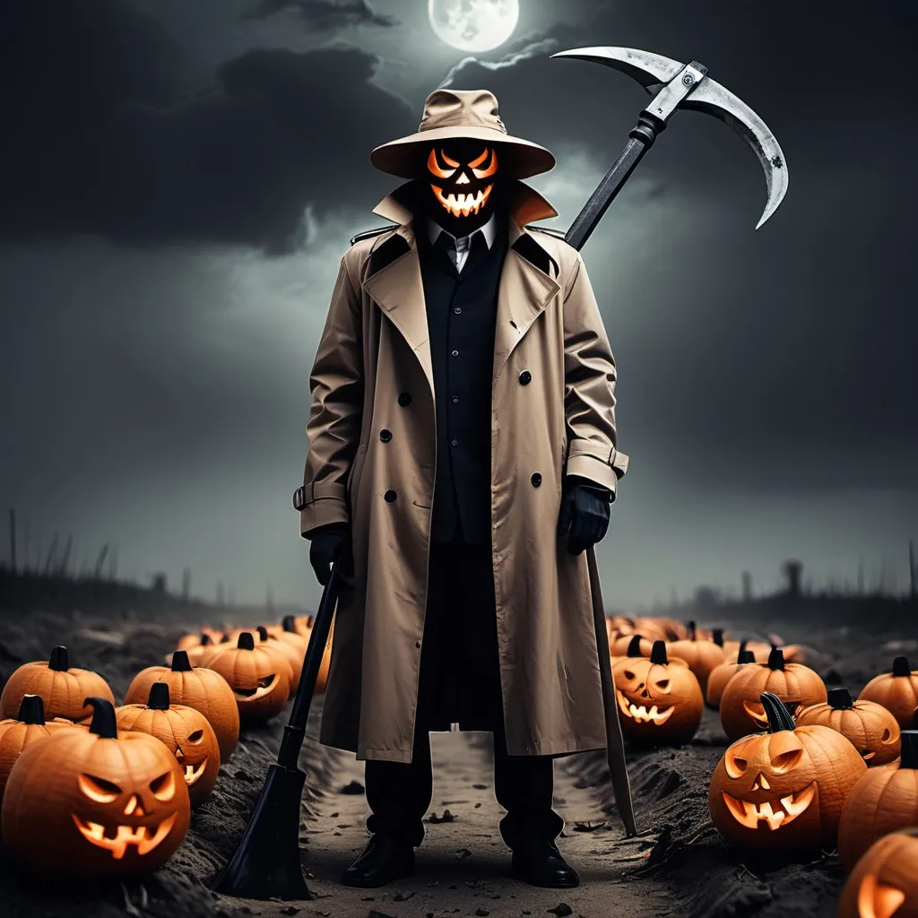 Prompt: headless man with jack o lantern
 head in trench coat with scythe