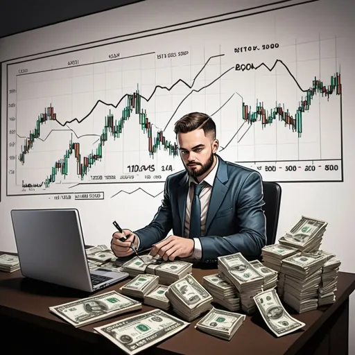 Prompt: Buxxb name man 
Collect cash threw bitcoin trading and forex trading with drawing of charts and full of cash
