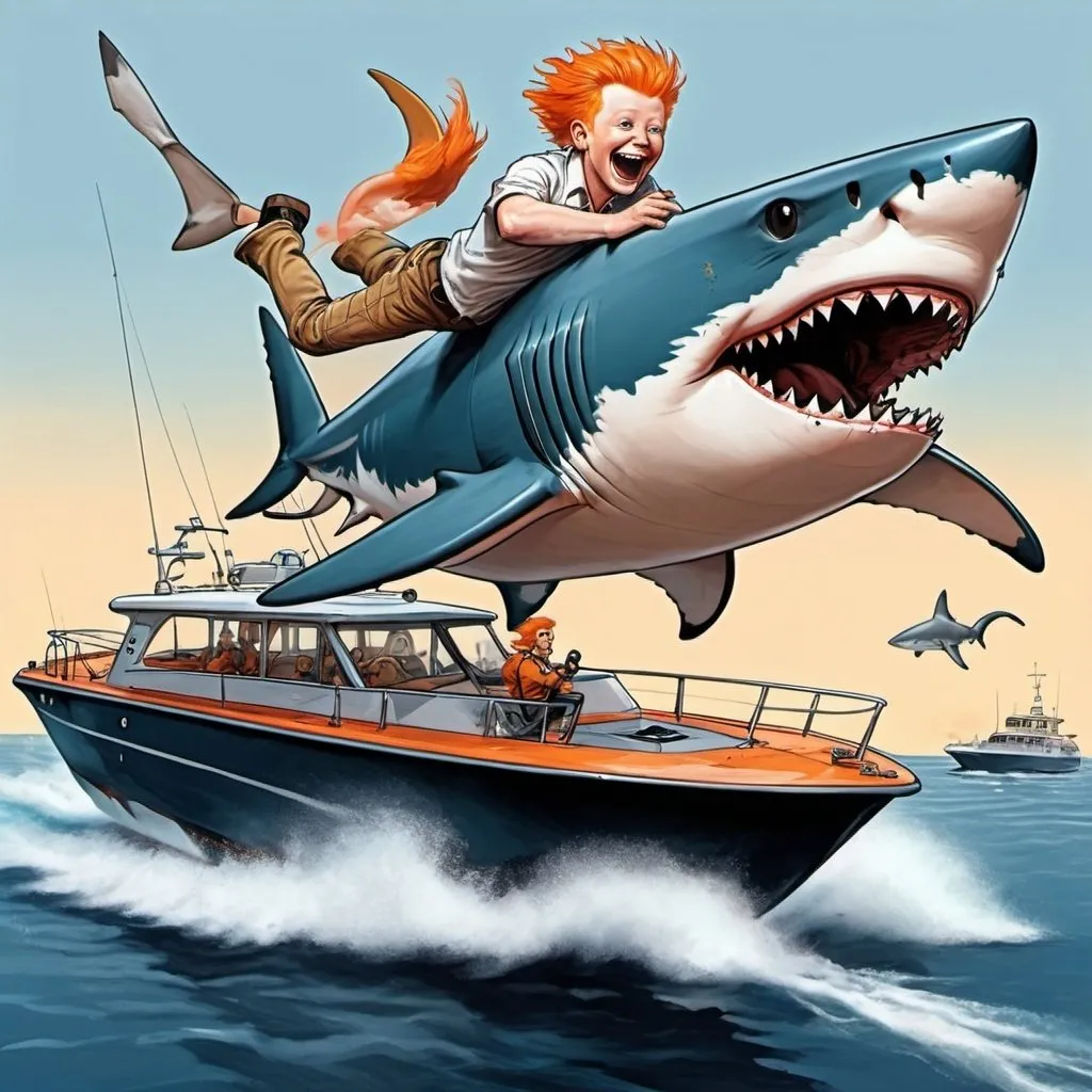 Prompt: Draw big electric sharks jumping in the air next to a fifty foot boat piloted by a man with orange hair at helm on flying bridge 