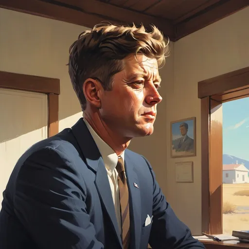 Prompt: John F Kennedy, ancient greek, olive skin, defiant, brave, dangerous, Art Station, Acrylic Paint, Pixiv Trends Fan, Strokes & Brush, Makoto Shinkai Style Jamie Wyeth James Gilleard Edward Hopper Greg Rutkowski Studio Ghibli Genshin Impact, paint