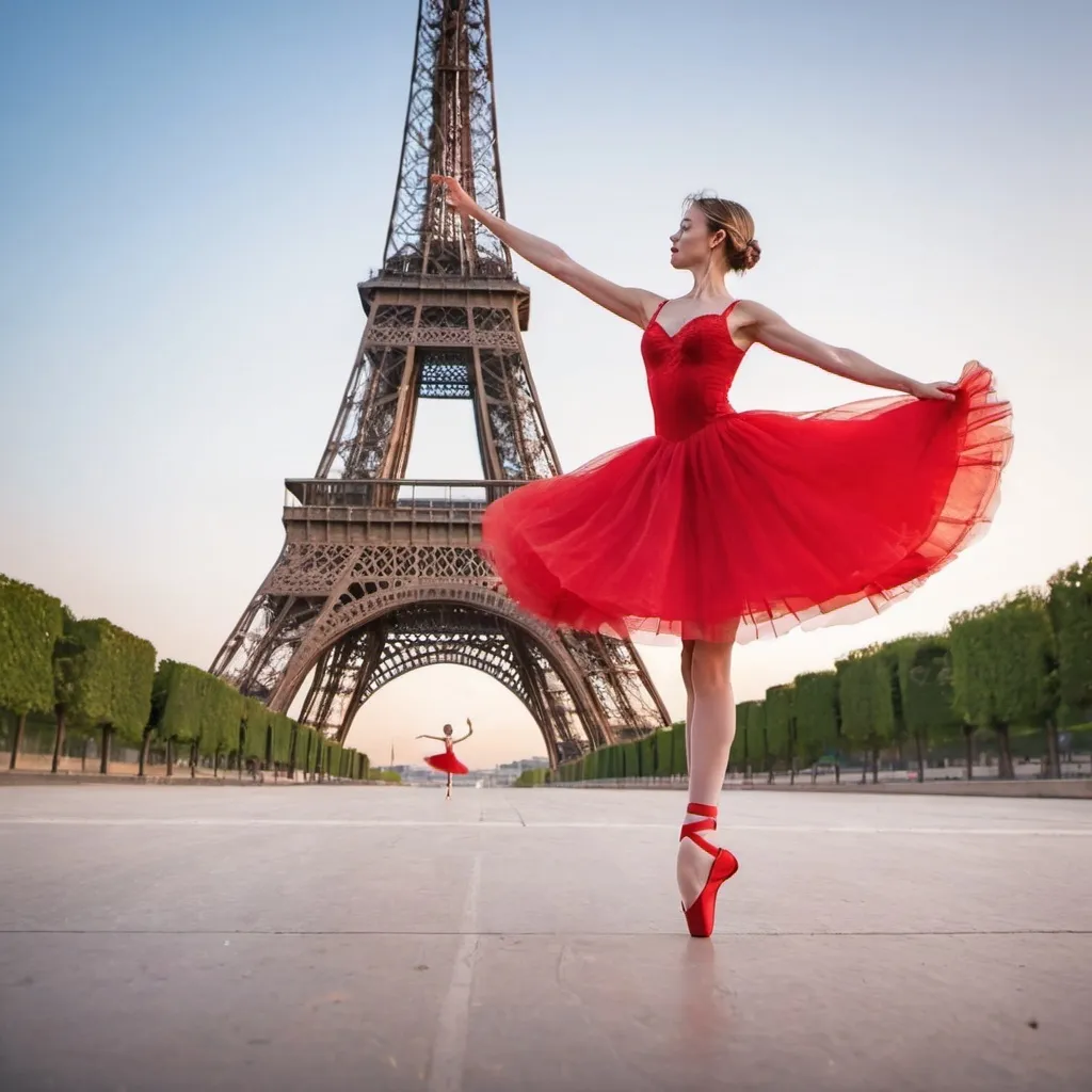 Prompt: Woman in red ballerina dress is dancing in front of the Eiffel Tower
