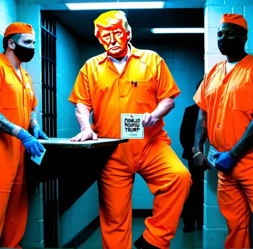 Prompt: Donald Trump in orange jail jumpsuit selling merchandise from a prison
