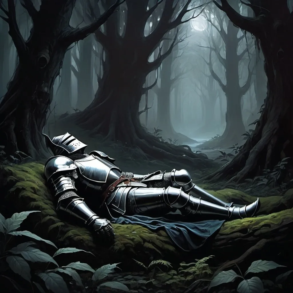 Prompt: dark fantasy painting of a knight sleeping in the far distance in a gloomy dark fantasy forest 